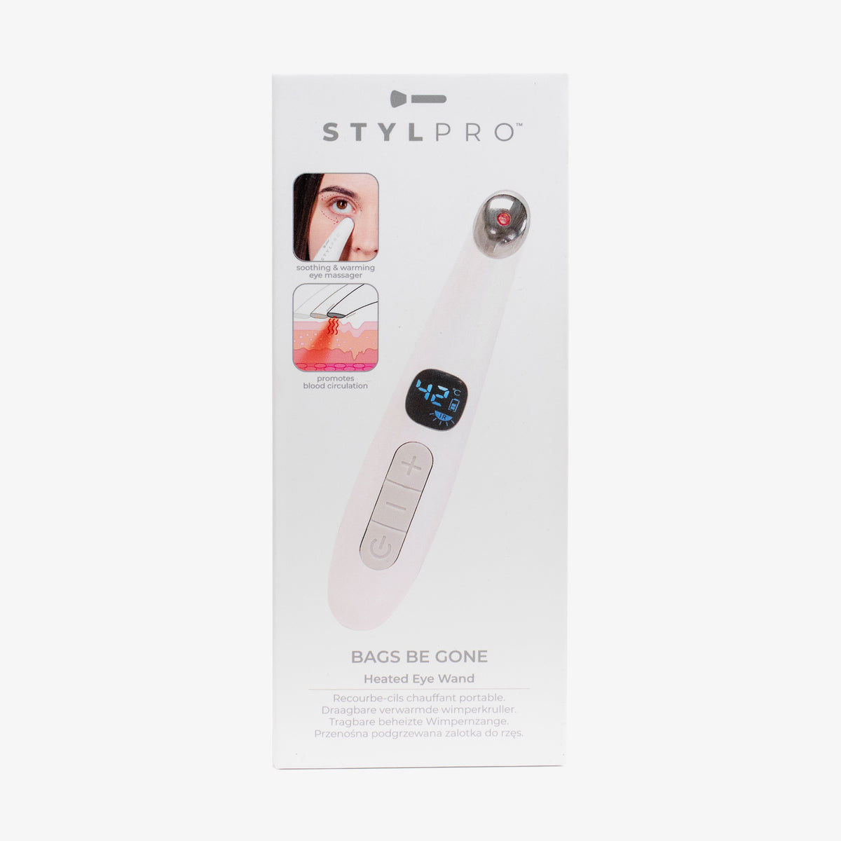 Verpackung des Beauty Eye Massager mit digitaler Anzeige und Steuertasten auf weißen Hintergrund.