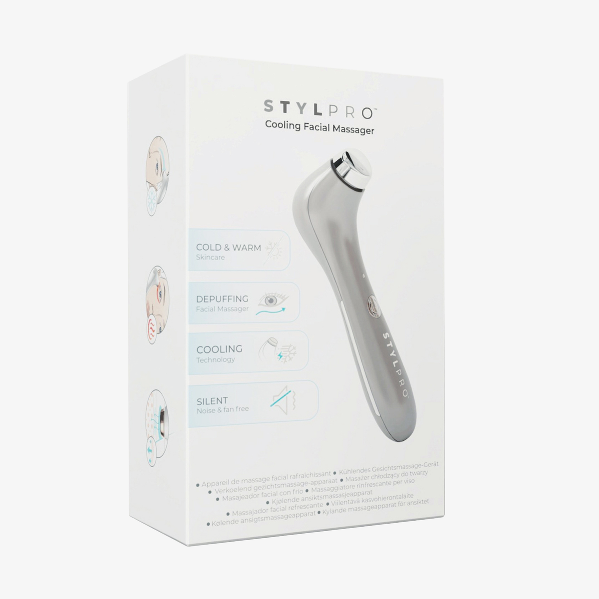 Die Verpackung des STYLPRO-Gesichtsmassagegeräts mit Kühlfunktion zeigt das Gerät mit den Funktionen „Kalt“, „Warm“, „Schwellungsreduzierung“, „Kühlung“ und „Leise-Modus“ an.