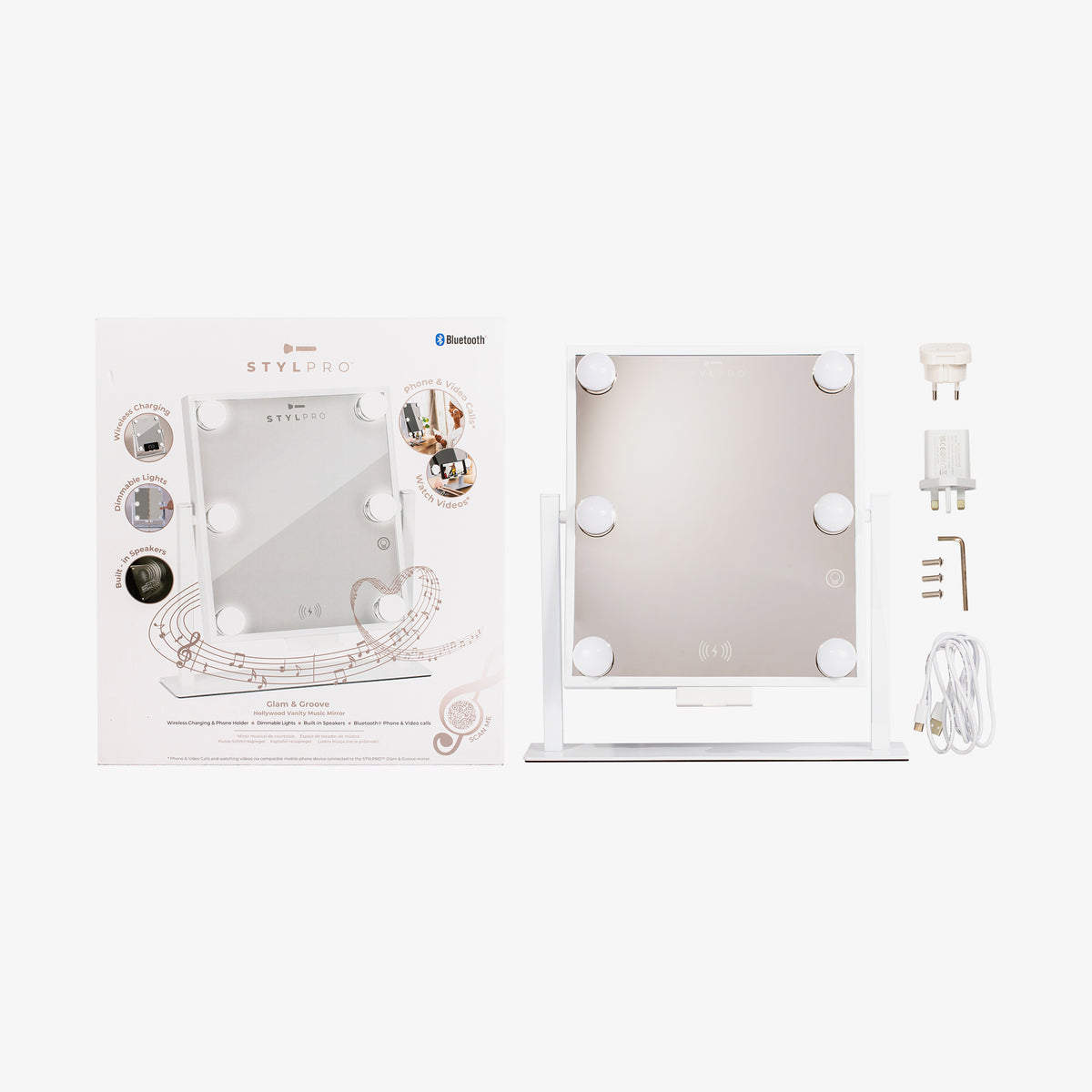 StylPro Hollywood-Spiegel mit LED-Leuchten, Bluetooth-Lautsprecher, kabelloser Ladefunktion. Verpackung und Zubehör wie Kabel und Stecker sind abgebildet.