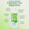 Weiße Flasche des Fox Tan Fragrance-Free Rapid Elixir, umgeben von Icons und Texten zu pflegenden, natürlichen Inhaltsstoffen.