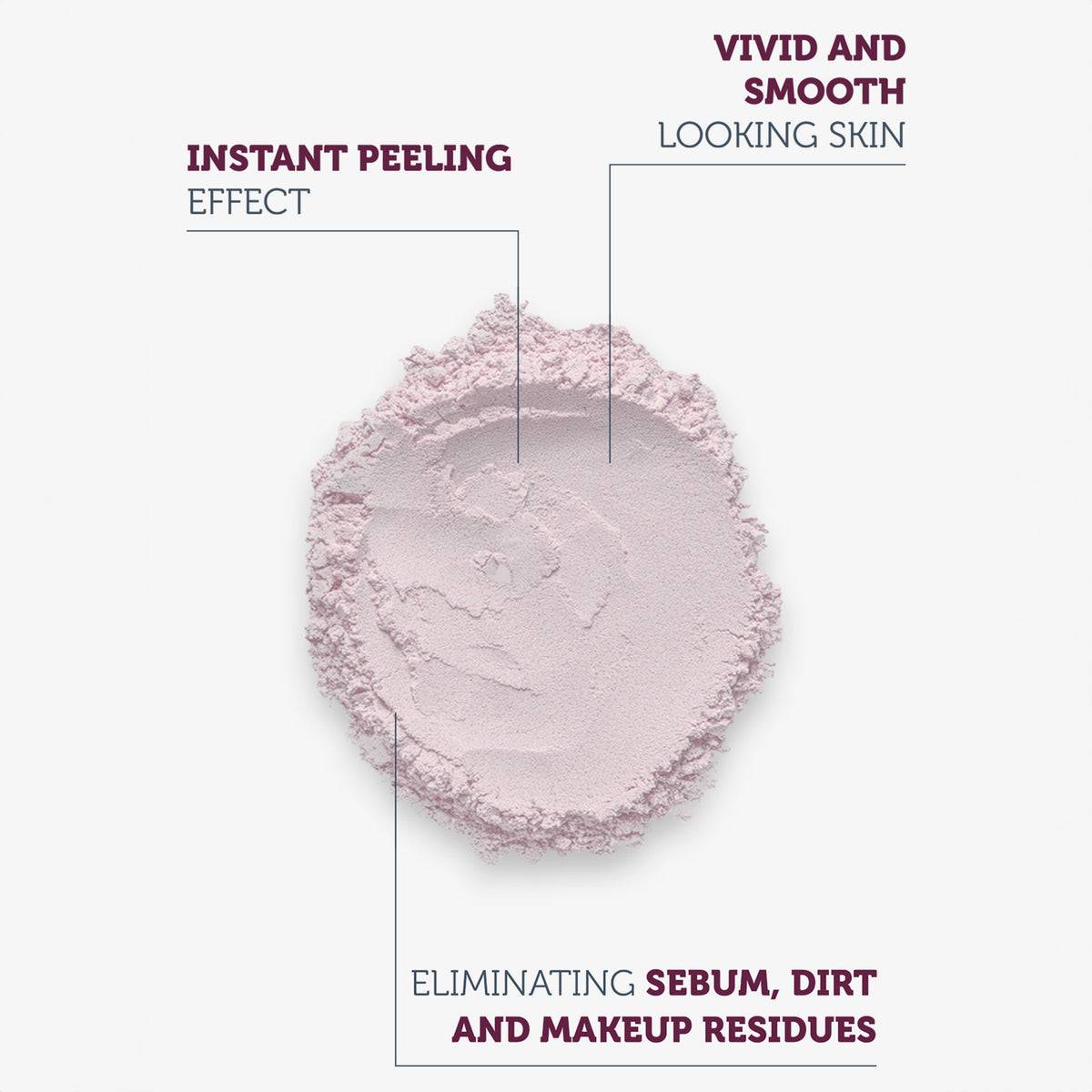 Nahaufnahme des loses rosa Pulver mit Vorteilen wie einem sofortigen Peeling-Effekt, strahlender und glatter Haut und der Beseitigung von Unreinheiten.