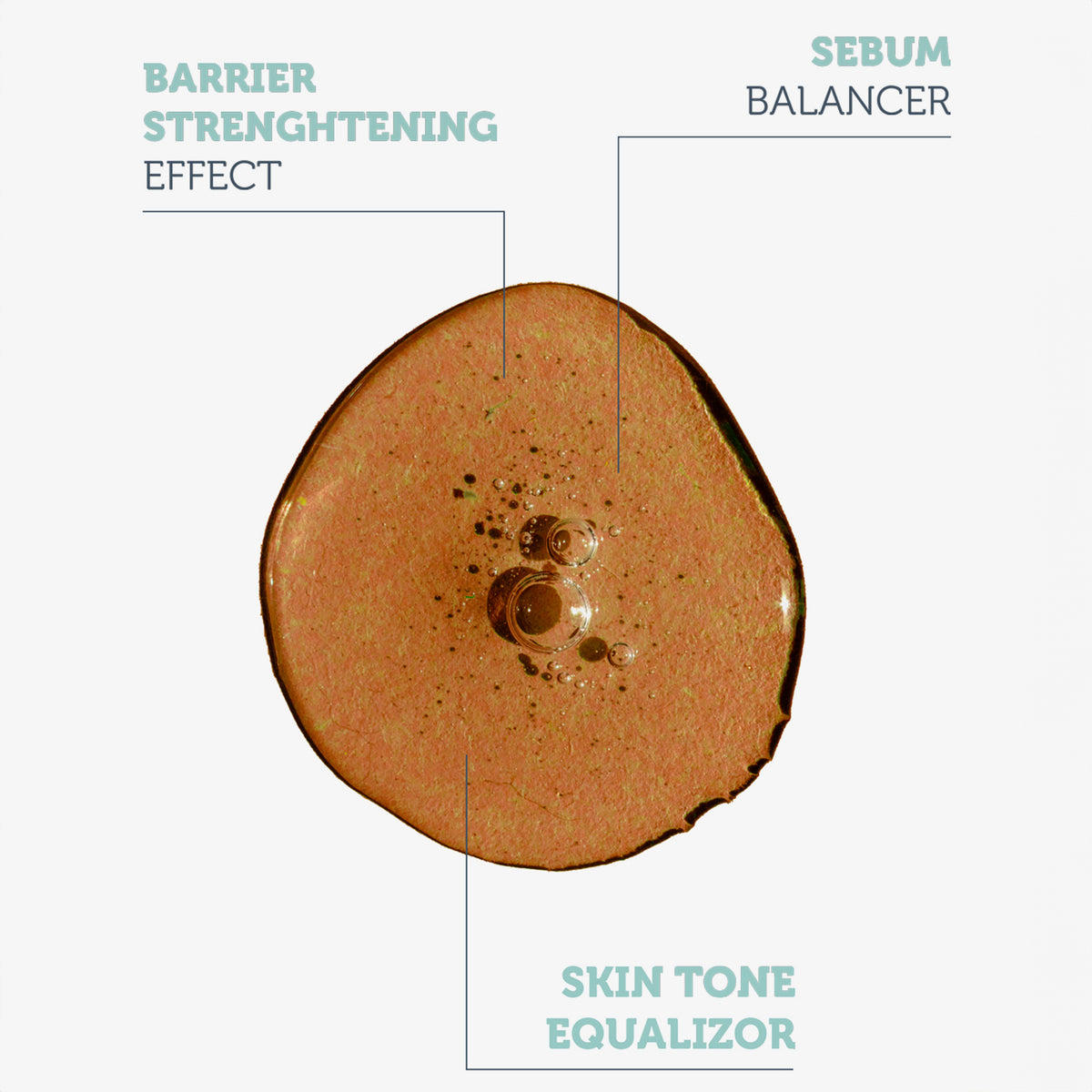 Nahaufnahme des braunen Serums mit dem Text: Barrier Strengthening Effect, Sebum Balancer, Skin Tone Equalizer.