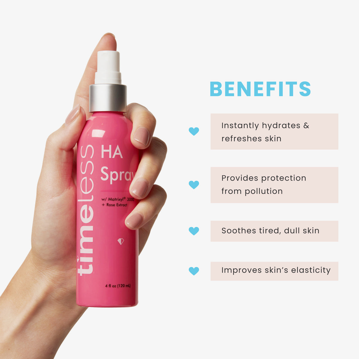 Eine Hand hält das HA Spray in einer rosafarbenen 120-ml-Sprühflasche. Rechts im Bild sind vier Vorteile des Sprays mit blauen Herzsymbolen dargestellt: spendet sofort Feuchtigkeit, schützt vor Umwelteinflüssen, beruhigt müde Haut und verbessert die Hautelastizität.