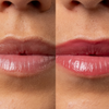 Nahaufnahme der Lippen vor und nach dem Auftragen des Tinted Lipgloss SPF50.