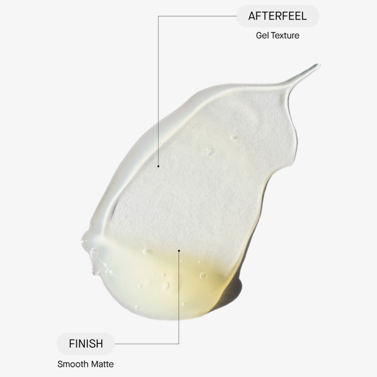 Nahaufnahme der Geltextur mit einem glatten, matten Finish mit den Tags „AFTERFEEL“ und „FINISH“.