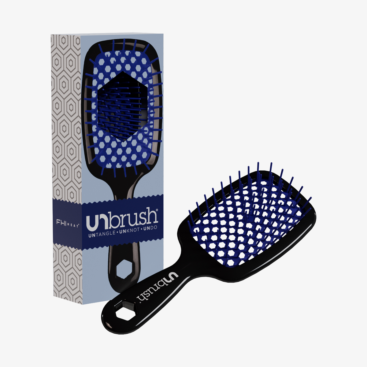 Schwarz-blaue Detangling-Haarbürste von UNbrush mit wabenförmigen Borsten in Markenverpackung.