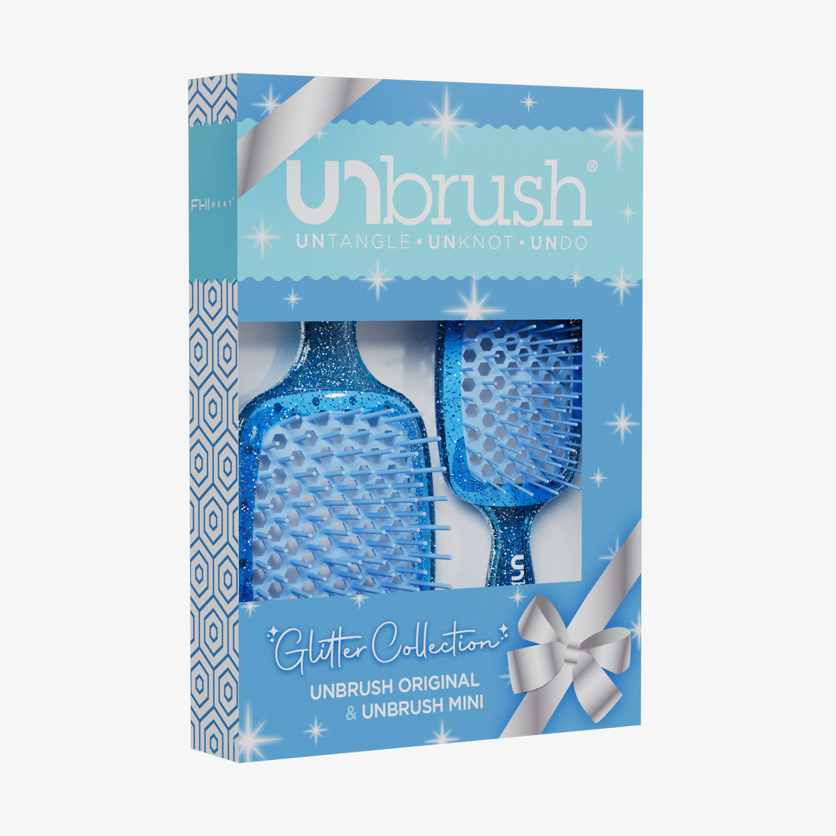 Das UNbrush Glitter Duo Set Sapphiere Blue kommt in einer blauen Geschenkbox mit zwei glitzernden blauen Haarbürsten.