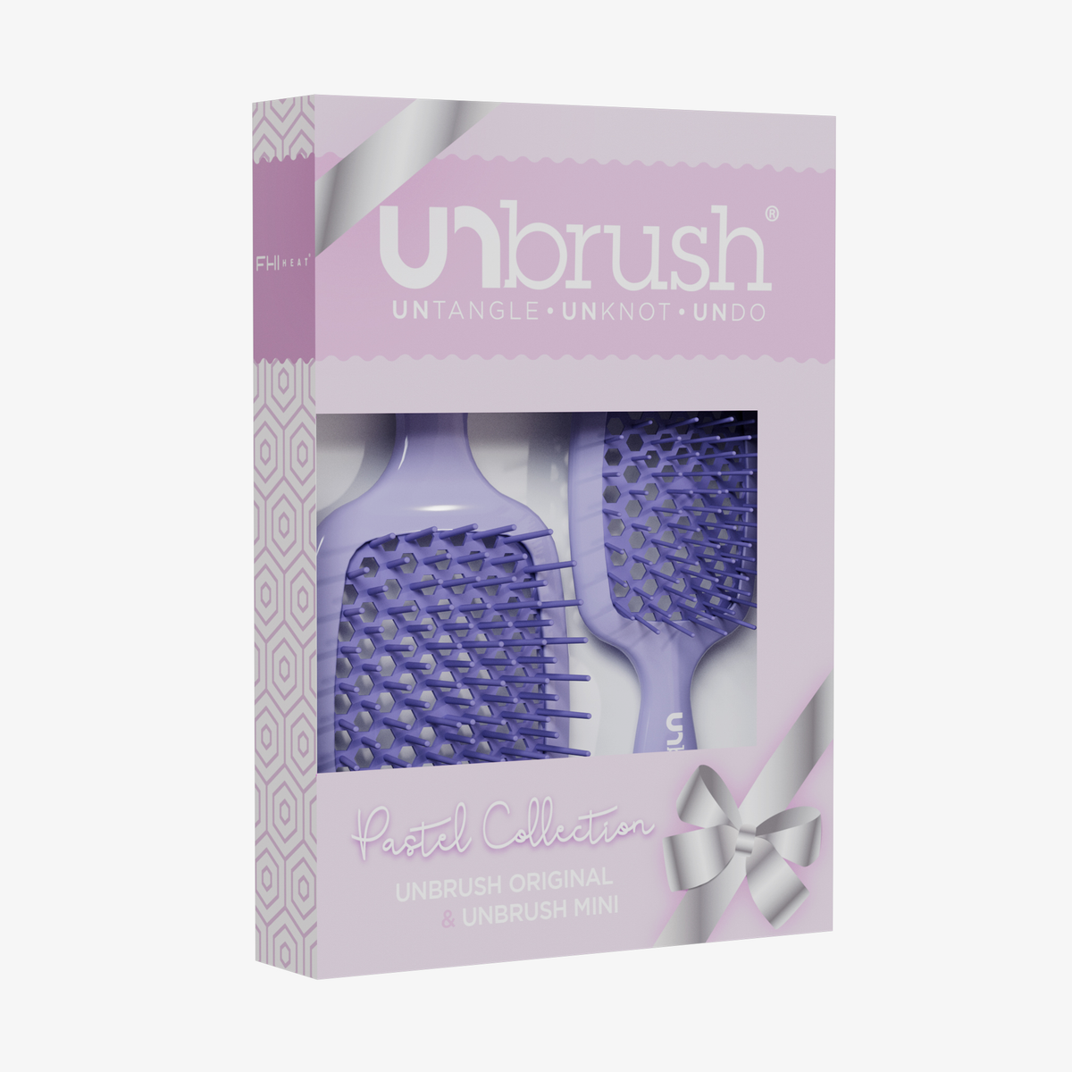 UNbrush Pastel Duo Set: Schachtelset mit zwei lila Haarbürsten, darunter die Original- und die Mini-Version, aus der Pastel Collection.