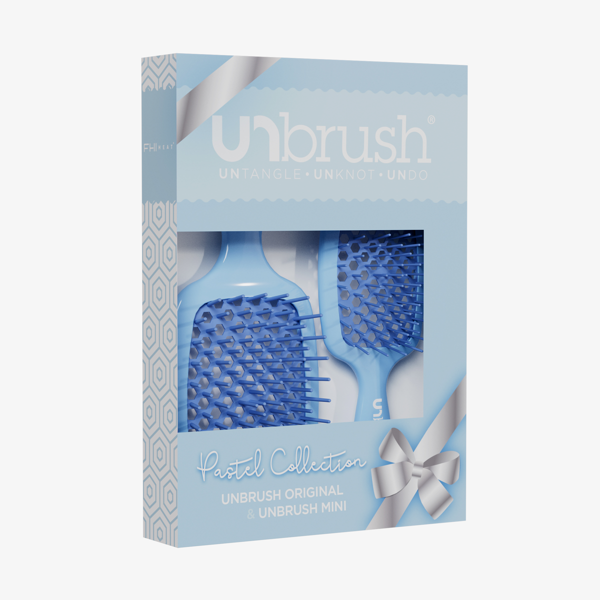 Das UNbrush Pastel Duo Set besteht aus hellblauen Haarbürsten in einer dekorativen pastellblauen Verpackung mit weißen und silbernen Akzenten.