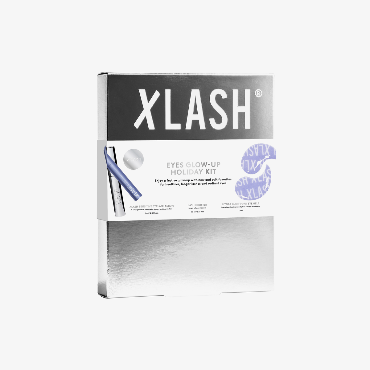 XLASH Eyes Glow-up Holiday Kit-Box mit Produktdetails und einem violetten Design auf weißem Hintergrund.