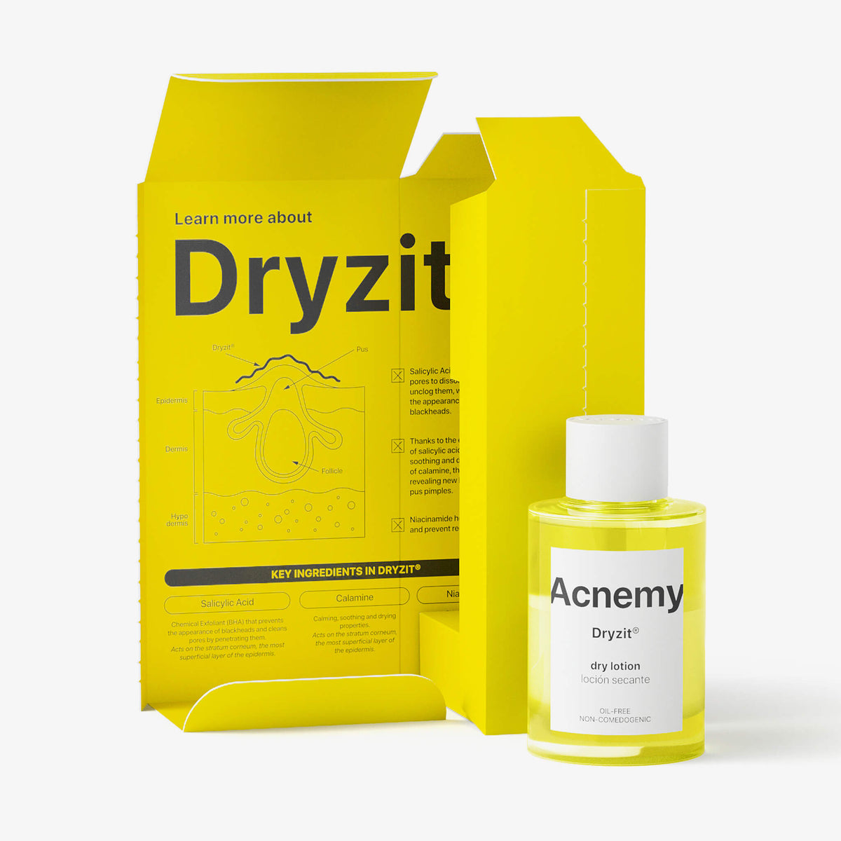 Eine gelbe Flasche Dryzit neben der geöffneten gelben Verpackung vor weißem Hintergrund