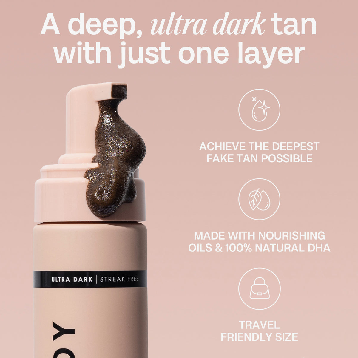 Nahaufnahme einer Flasche Self Tanning Mousse 100 ml Ultra Dark vor beigem Hintergrund; daneben Produktvorteile.