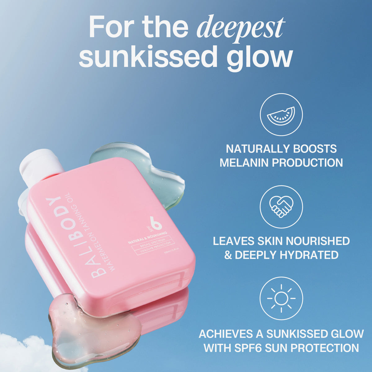 Eine Flasche Tanning Oil SPF 6 Watermelon vor blauem Hintergrund; daneben Vorteile des Produkts