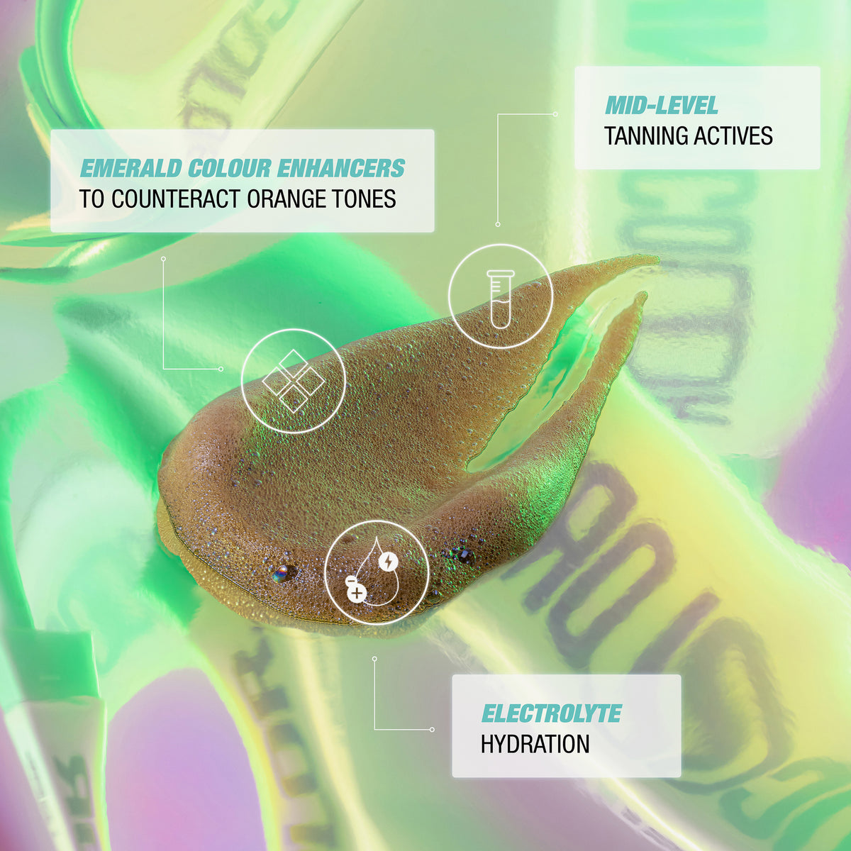 Brauner Swatch des Technocolor 1 Hour Express Self Tanning Foam Emerald; dazu Vorteile des Produkts