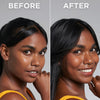 Vorher-Nachher-Bild einer Frau; nach Anwendung des Technocolor Self Tanning Face Serum Caramel leicht gebräunt.