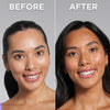 Vorher-Nachher-Bild einer Frau; nach Anwendung des Technocolor Self Tanning Face Serum Magenta deutlich gebräunt.