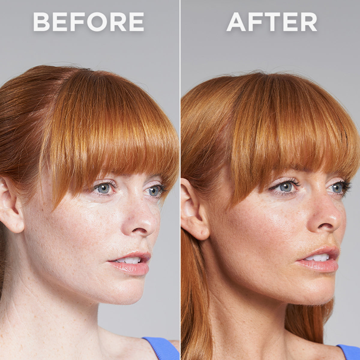  Vorher-Nachher-Bild einer Frau; nach Anwendung des Technocolor Self Tanning Face Serum Sapphire leicht gebräunt.