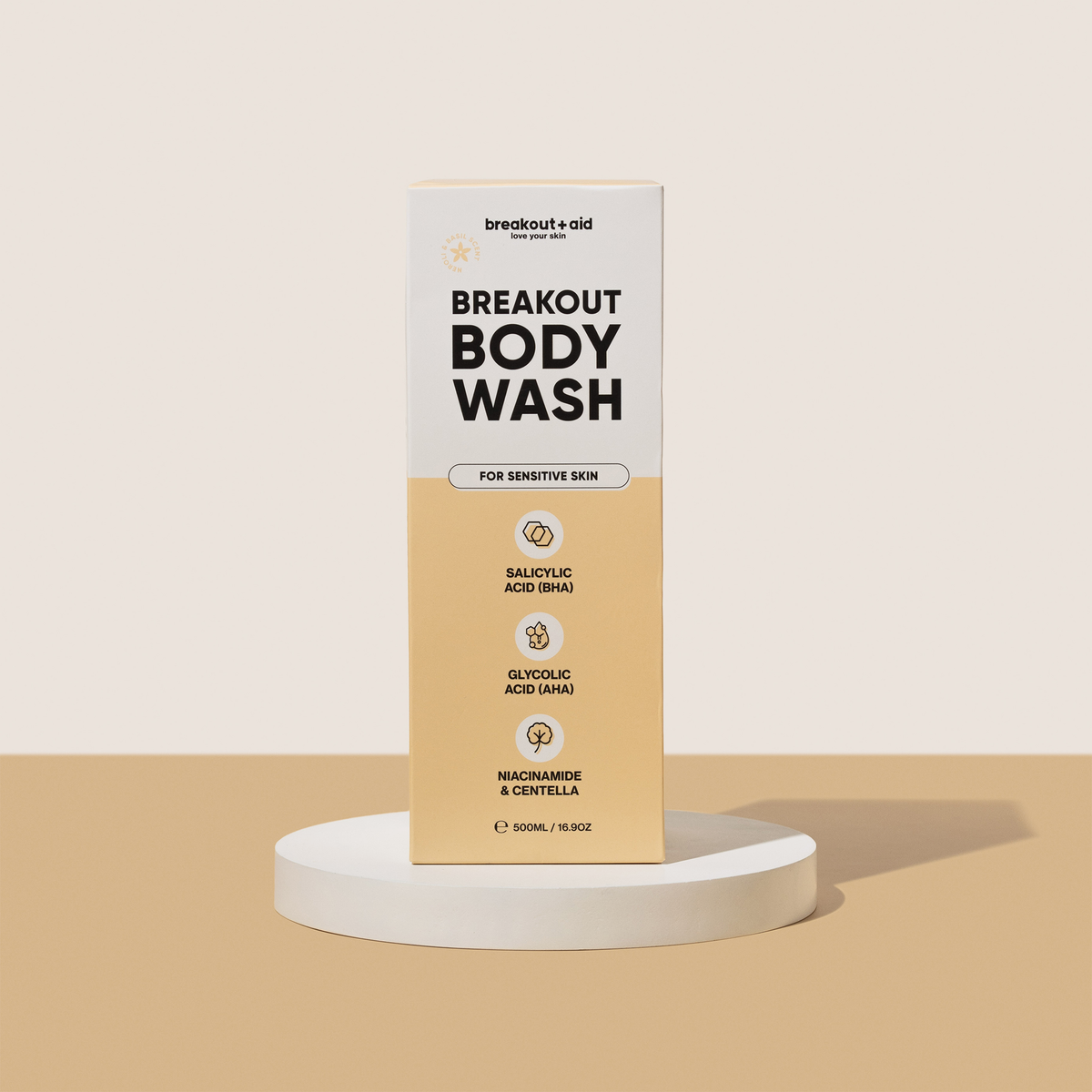 Breakout+aid Breakout-Duschgel für empfindliche Haut mit Salicylsäure, Glykolsäure, Niacinamid und Centella.
