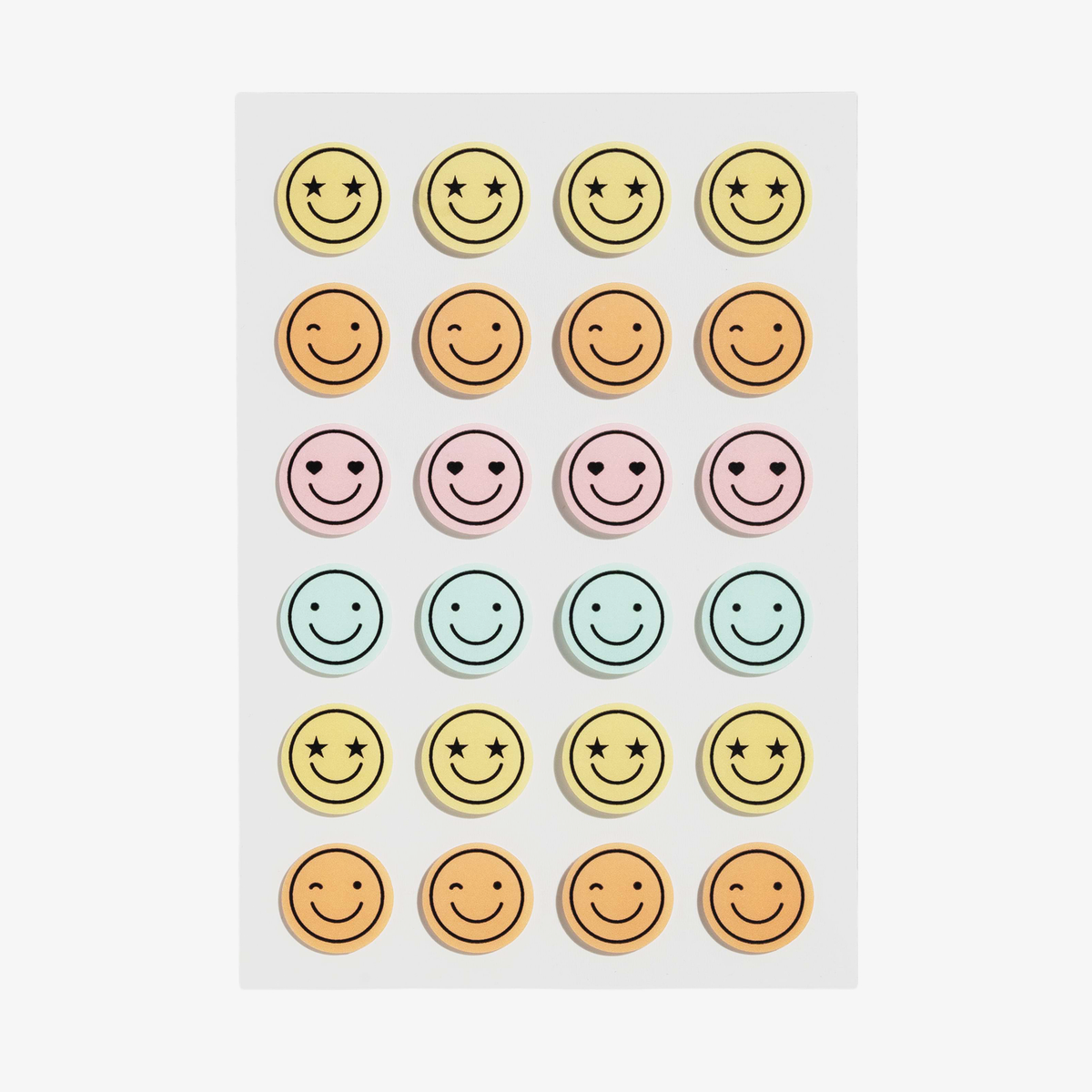 Ein Bogen mit vierundzwanzig Mood Dots-Aufklebern mit verschiedenen Smileys in Gelb, Orange, Rosa und Hellblau.