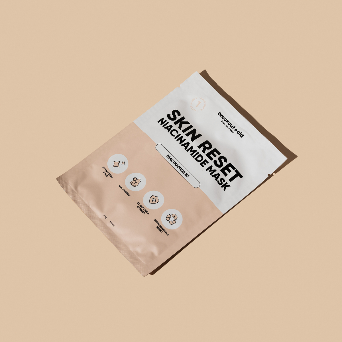 Eine Flat Breakout+Aid Skin Reset Niacinamide Mask-Einzelpackung mit vier Symbolen, die die Vorteile für die Haut verdeutlichen.
