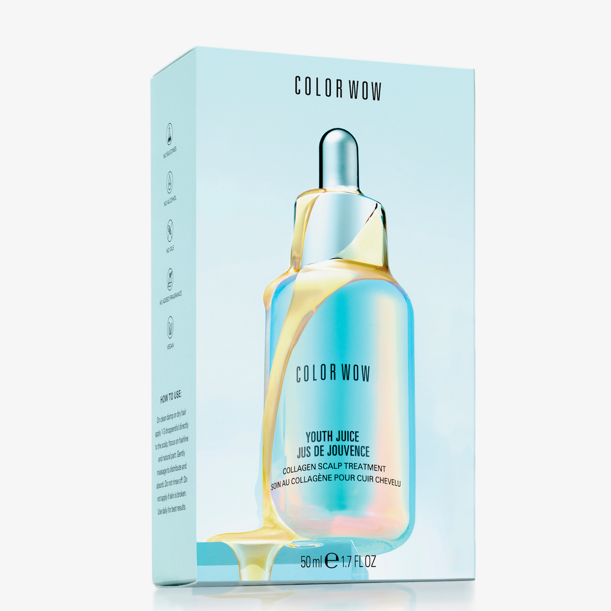 Verpackung des Youth Juice Collagen Scalp Treatment von Color Wow vor weißem Hintergrund.