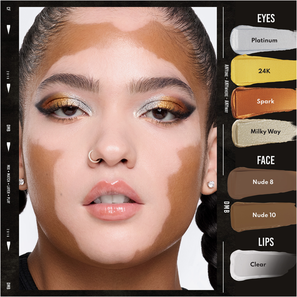 Eine Frau mit Vitiligo trägt kräftige silberne, goldene und braune Colorfix-Folien von Danessa Myricks Beauty, nackte Wangen und klare Lippen.