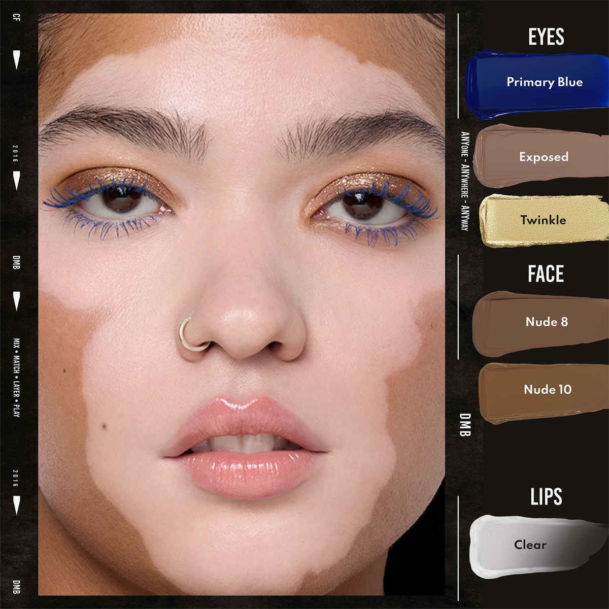 Nahaufnahme einer Person mit Vitiligo, die Colorfix-Folien von Danessa Myricks Beauty trägt; mit Make-up-Mustern.