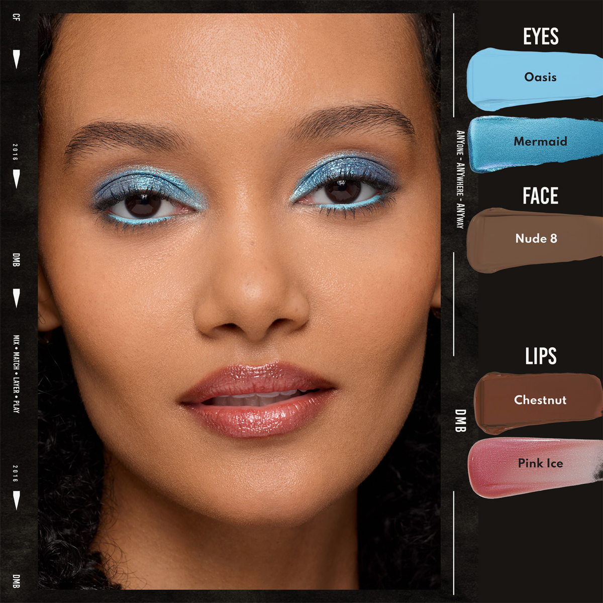 Nahaufnahme einer Frau, die Danessa Myricks Beauty Colorfix Glaze in blauen, nudefarbenen und rosafarbenen Tönen trägt; Schminkproben an der Seite.