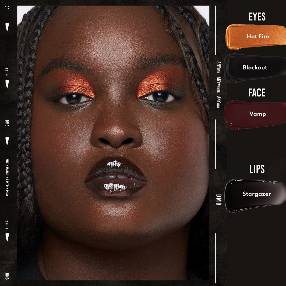 Nahaufnahme einer Frau mit metallisch orangefarbenem Lidschatten und dunkel glänzenden Lippen, die mit Colorfix Glaze von Danessa Myricks Beauty geschminkt sind.