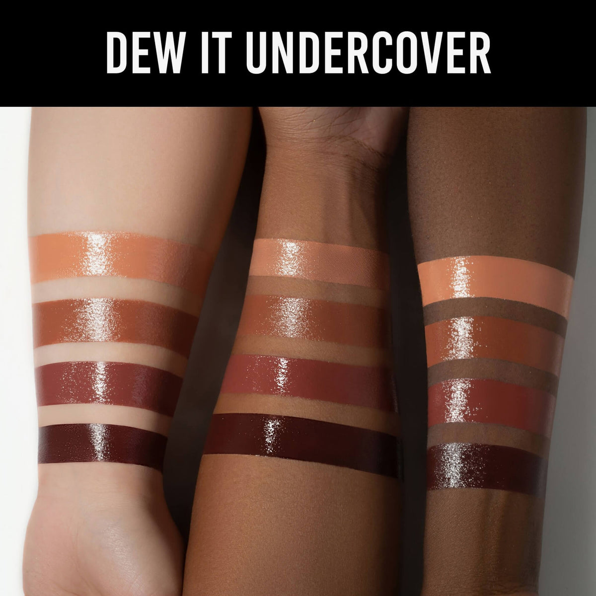 Drei Arme mit unterschiedlichen Hauttönen zeigen Swatches der Dewy Cheek & Lip Palettes von Danessa Myricks Beauty in Nude- und Brauntönen.