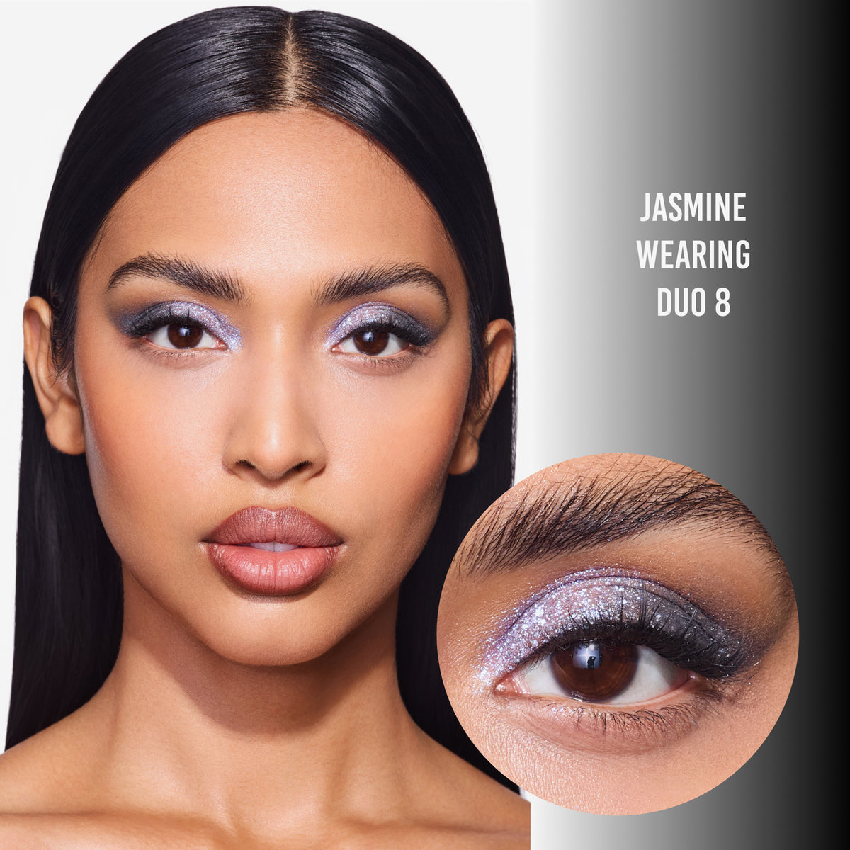Nahaufnahme eines Gesichts mit glitzerndem, violett-blauem Augen-Make-up; rechts daneben ein vergrößerter Bildausschnitt des geschminkten Auges.