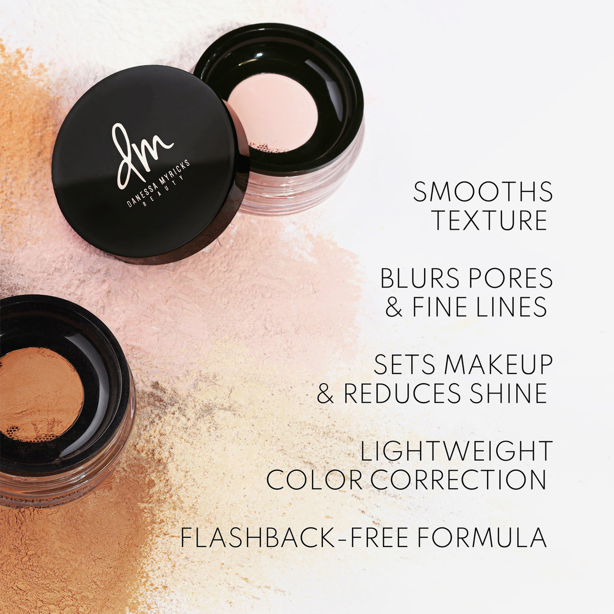 Zwei offene Behälter Evolution Powder auf weißer Oberfläche; daneben Vorteile: glättet, fixiert Make-up, fühlt sich leicht an und korrigiert Farbe.