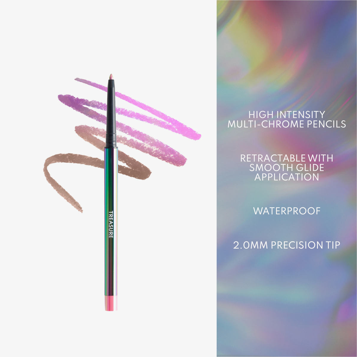 Der Infinite Chrome Pencil von Danessa Myricks Beauty ist ein mehrfarbiger Make-up-Stift, der mit Farbflächen und Merkmalen auf einem bunten Hintergrund gezeigt wird.