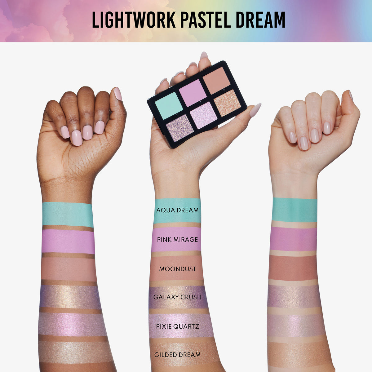 Drei Unterarme mit Farbmustern der Lightwork Freedom Mini Palette Pastel Dream vor weißem Hintergrund.