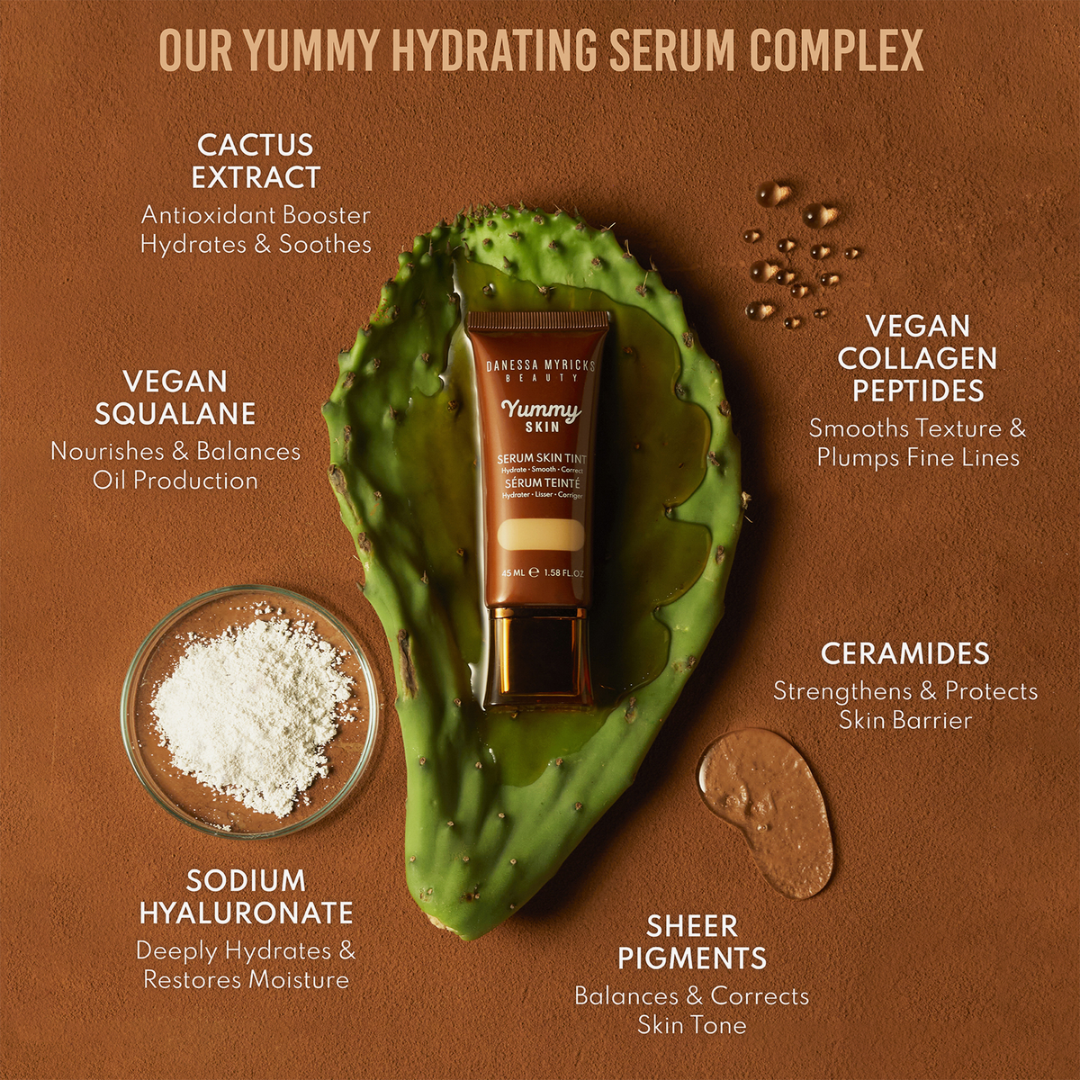 Tube Yummy Skin Serum Tint liegt auf einem Aloe Vera Blatt; umringt von Infos zu Inhaltsstoffen.