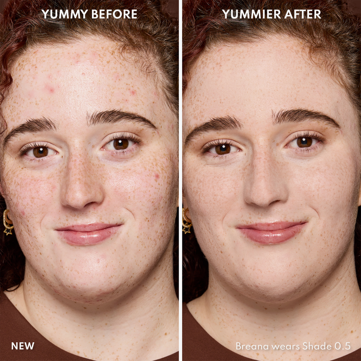 Vorher-Nachher-Bild des Gesichts einer Frau vor und nach der Verwendung von Yummy Skin Blurring Balm Powder 0.5; nachher mit deutlich ebenmäßigerem Teint.