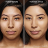 Vorher-Nachher-Bild des Gesichts einer Frau vor und nach der Verwendung von Yummy Skin Blurring Balm Powder 4 nachher mit deutlich ebenmäßigerem Teint.