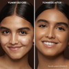Vorher-Nachher-Bild des Gesichts einer Frau vor und nach der Verwendung von Yummy Skin Blurring Balm Powder 6; nachher mit deutlich ebenmäßigerem Teint.