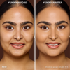 Vorher-Nachher-Bild des Gesichts einer Frau vor und nach der Verwendung von Yummy Skin Blurring Balm Powder 5.5; nachher mit deutlich ebenmäßigerem Teint.