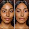 Vorher-Nachher-Bild des Gesichts einer Frau vor und nach der Verwendung von Yummy Skin Blurring Balm Powder 6.5; nachher mit deutlich ebenmäßigerem Teint.