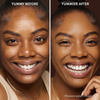 Vorher-Nachher-Bild des Gesichts einer Frau vor und nach der Verwendung von Yummy Skin Blurring Balm Powder 8.5; nachher mit deutlich ebenmäßigerem Teint.