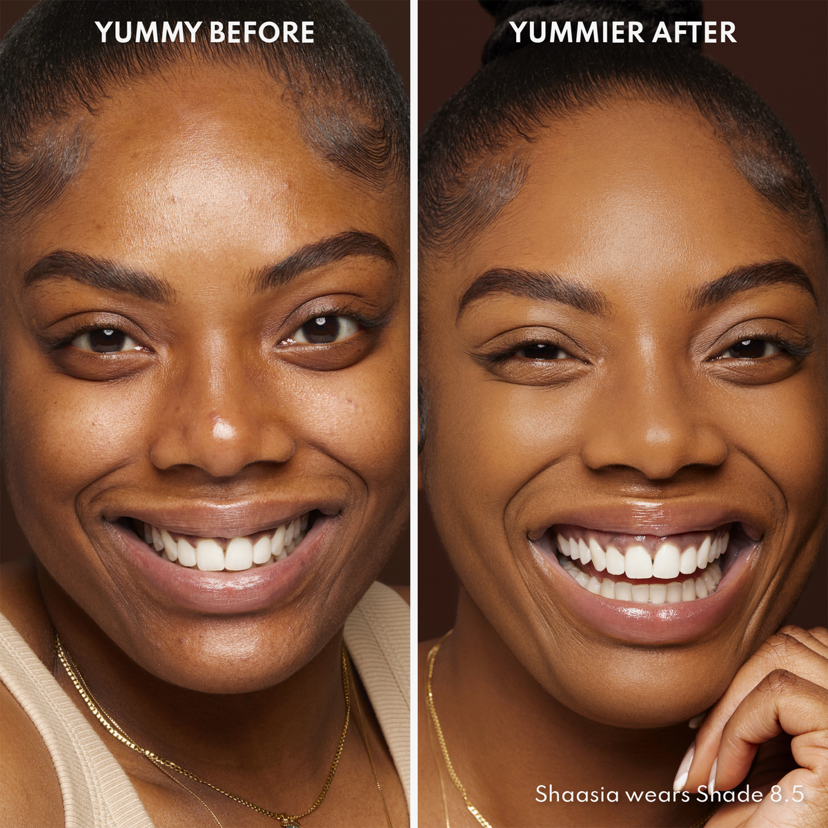 Vorher-Nachher-Bild des Gesichts einer Frau vor und nach der Verwendung von Yummy Skin Blurring Balm Powder 8.5; nachher mit deutlich ebenmäßigerem Teint.