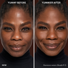 Vorher-Nachher-Bild des Gesichts einer Frau vor und nach der Verwendung von Yummy Skin Blurring Balm Powder 9.5; nachher mit deutlich ebenmäßigerem Teint.