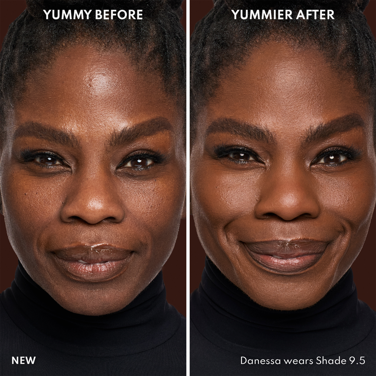 Vorher-Nachher-Bild des Gesichts einer Frau vor und nach der Verwendung von Yummy Skin Blurring Balm Powder 9.5; nachher mit deutlich ebenmäßigerem Teint.