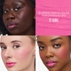 Drei Frauen mit unterschiedlichen Hauttönen tragen „Yummy Skin Flushed Essentials“ von Danessa Myricks Beauty in leuchtendem, mattem Rosa auf Wangen und Lippen.