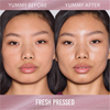Gegenüberstellung des Gesichts einer Frau vor und nach der Anwendung des Danessa Myricks Beauty Yummy Skin Glow Serum Fresh Pressed, mit glatterer, strahlenderer Haut nach der Anwendung.