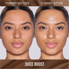 Das Gesicht einer Frau vor und nach der Anwendung von Danessa Myricks Beauty Yummy Skin Glow Serum Juice Boost für ein taufrisches, strahlendes Aussehen wird nebeneinander gezeigt.