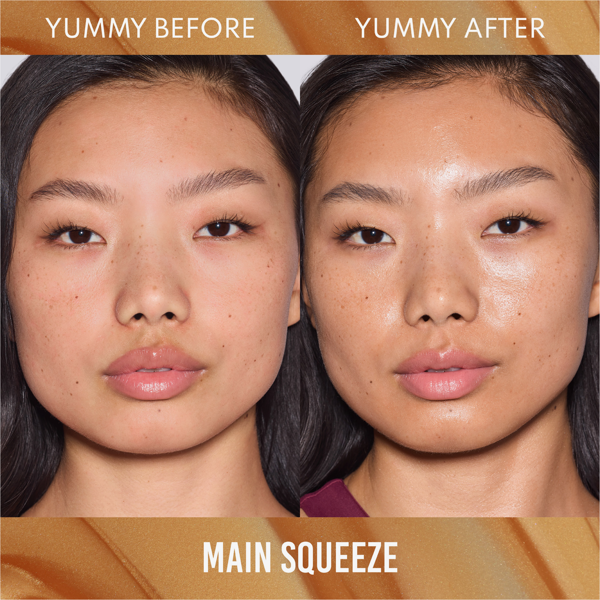 Gegenüberstellung des Gesichts einer Frau vor und nach der Anwendung des Danessa Myricks Beauty Yummy Skin Glow Serum Main Squeeze, die ein verstärktes Strahlen zeigt.