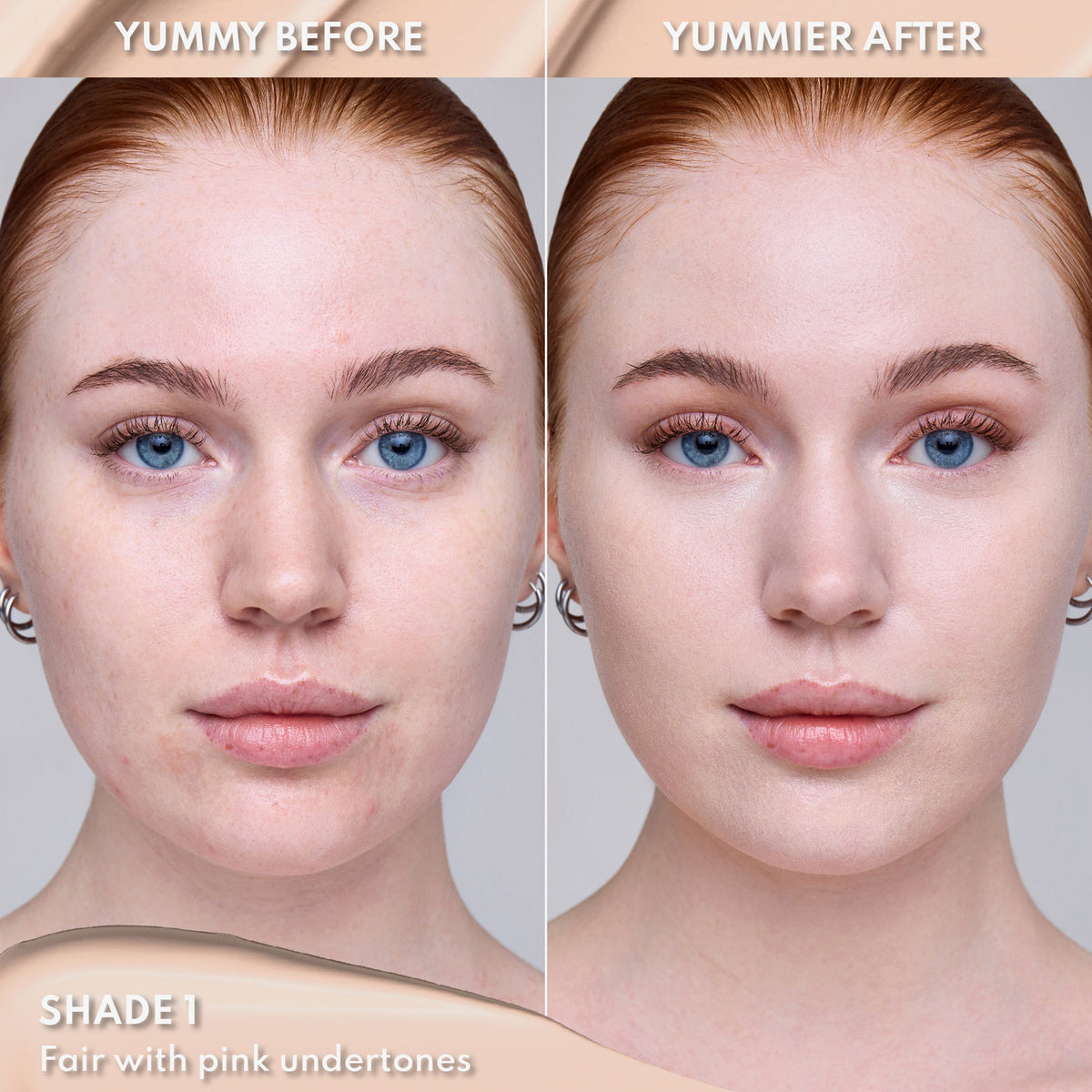 Vorher-Nachher-Bild einer Frau mit heller Haut nach Anwendung des Yummy Skin Lift & Flex Concealers 1 – sichtbar ebenmäßiger Teint.