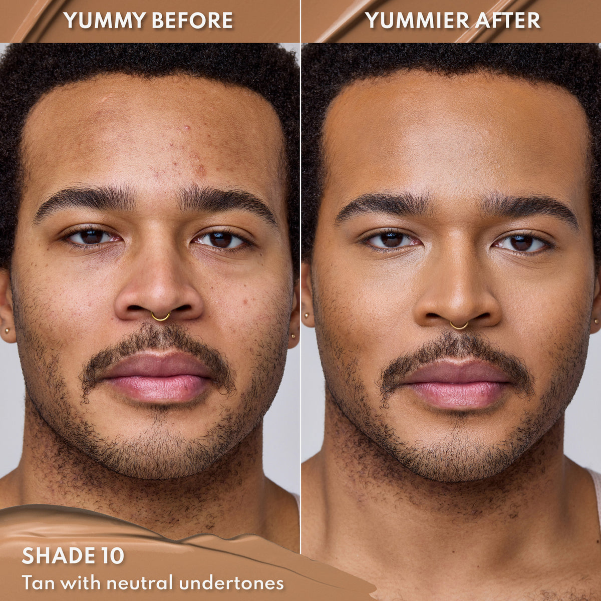 Vorher-Nachher-Bild eines Manns mit mittel-dunklem Hautton nach Anwendung des Yummy Skin Lift & Flex Concealers 10 – sichtbar ebenmäßiger Teint.